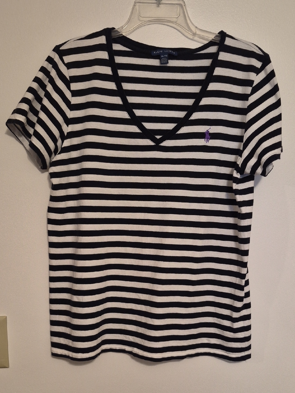 Ralph Lauren Black & White Striped V-Neck Tee with Purple Logo SZ XL